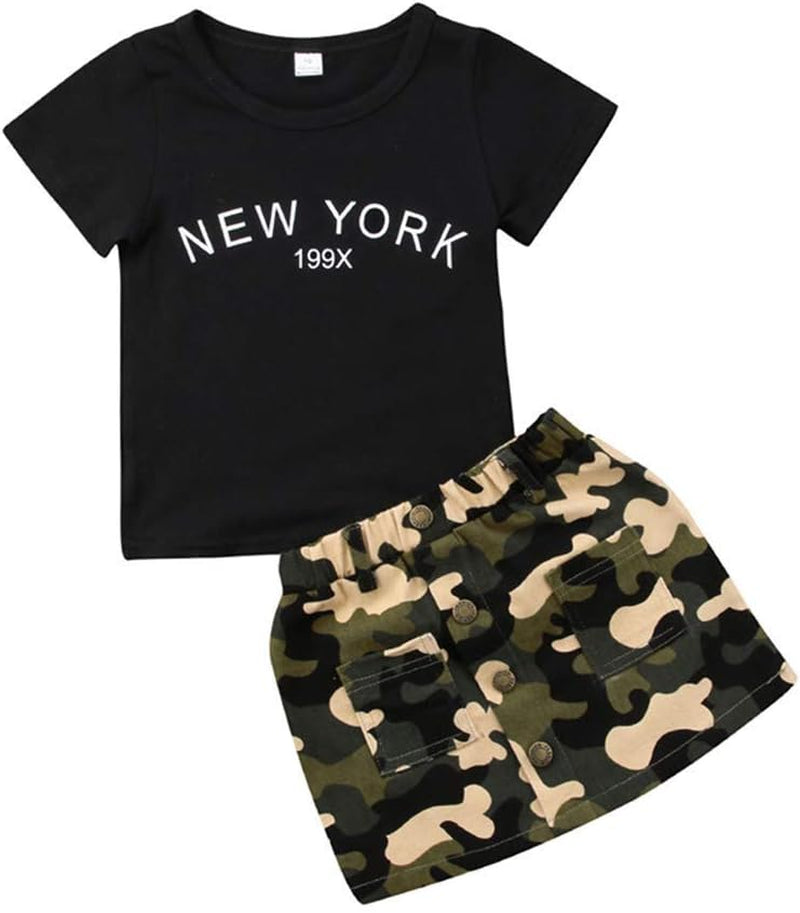 Toddler Baby Girls Camouflage Outfit Black Letter Tops Shirt + Denim Skirt Dress Shorts Summer Two Piece Clothes Set