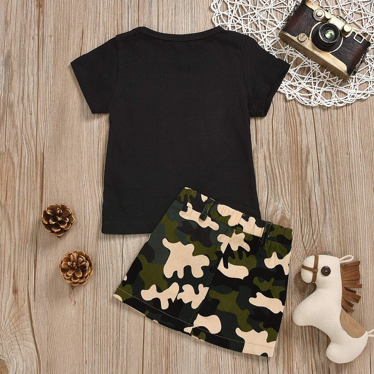 Toddler Baby Girls Camouflage Outfit Black Letter Tops Shirt + Denim Skirt Dress Shorts Summer Two Piece Clothes Set