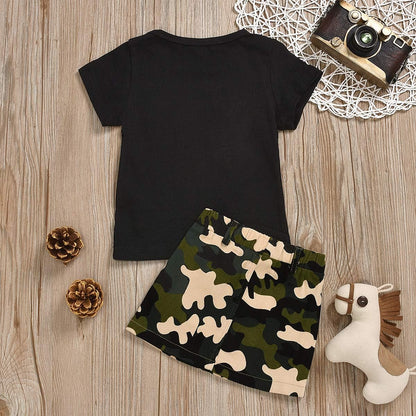 Toddler Baby Girls Camouflage Outfit Black Letter Tops Shirt + Denim Skirt Dress Shorts Summer Two Piece Clothes Set