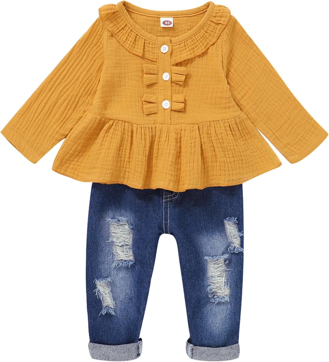 Baby Girl Clothes Toddler Girl Denim Outfits Ruffle Shirt Ripped Jeans Pants Set Toddler Baby Clothes for Girl