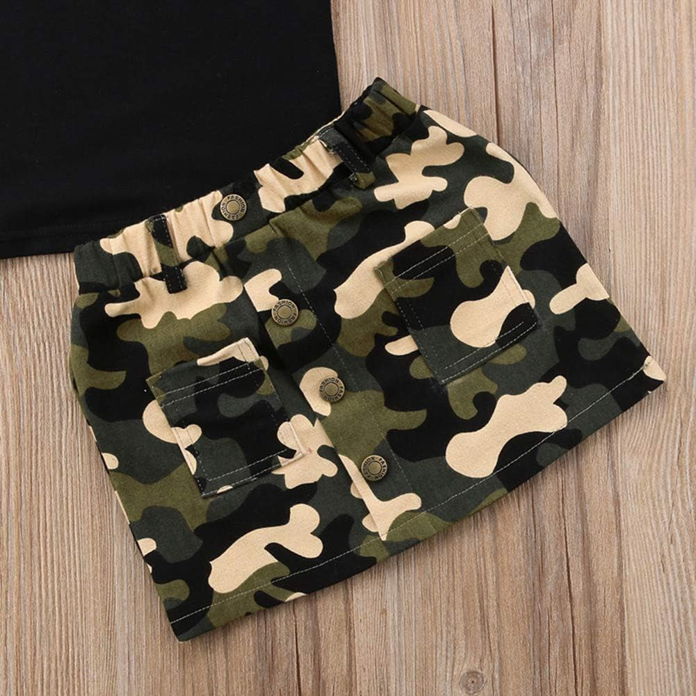 Toddler Baby Girls Camouflage Outfit Black Letter Tops Shirt + Denim Skirt Dress Shorts Summer Two Piece Clothes Set