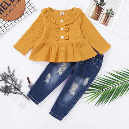 Baby Girl Clothes Toddler Girl Denim Outfits Ruffle Shirt Ripped Jeans Pants Set Toddler Baby Clothes for Girl