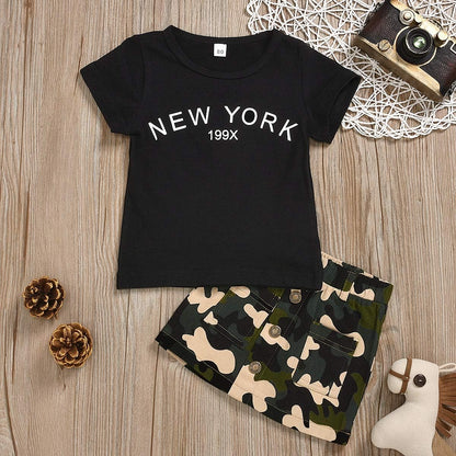 Toddler Baby Girls Camouflage Outfit Black Letter Tops Shirt + Denim Skirt Dress Shorts Summer Two Piece Clothes Set