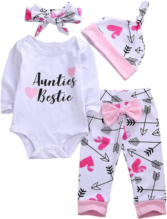 4Pcs Newborn Baby Girls Outfit Set Auntie'S Bestie Romper Arrow Pants Hat Headband Clothing Set